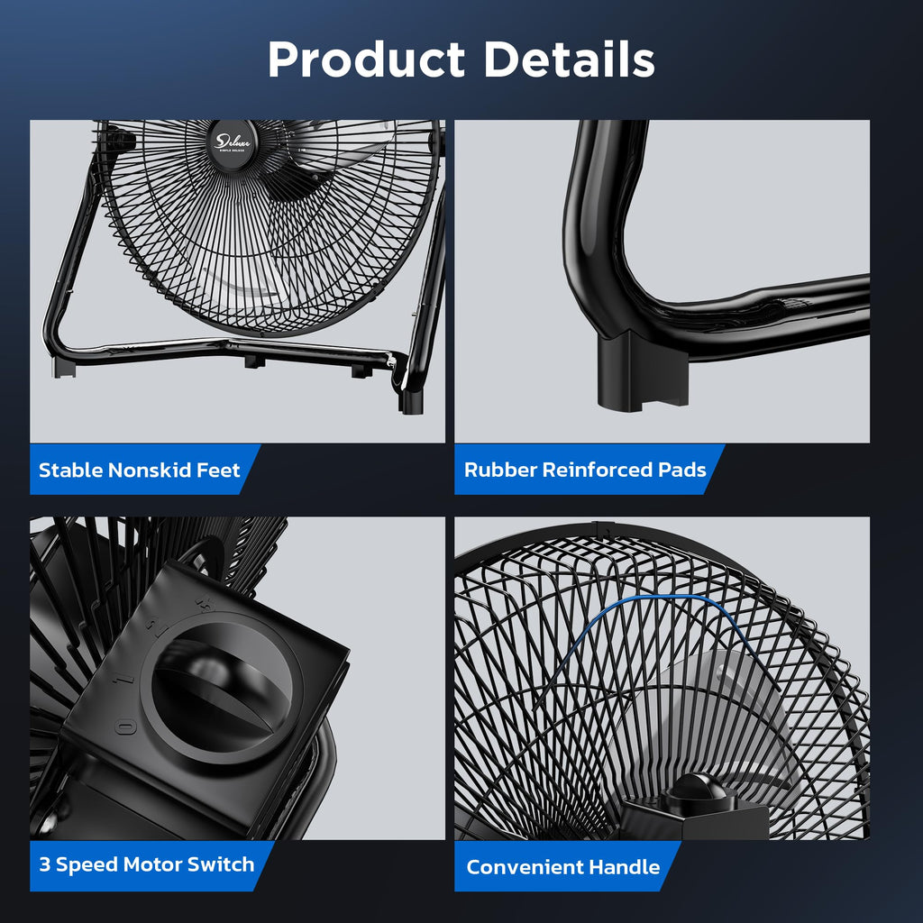 20 Inch 3-Speed High Velocity Metal Industrial Floor Fan, Black P68643