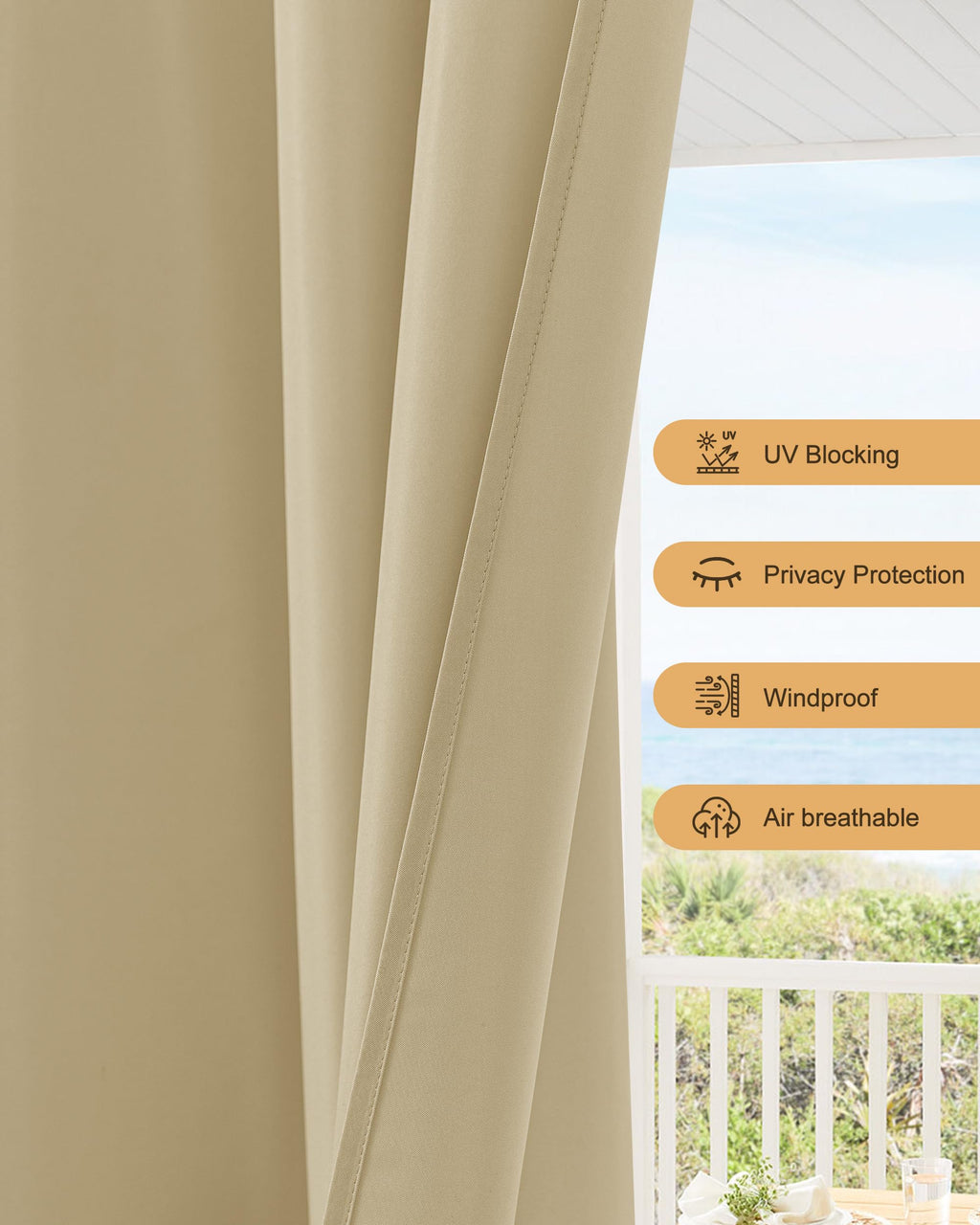 Waterproof Rod Pocket Outdoor Curtains 6 Pcs 54x84 Inch Cream N3723