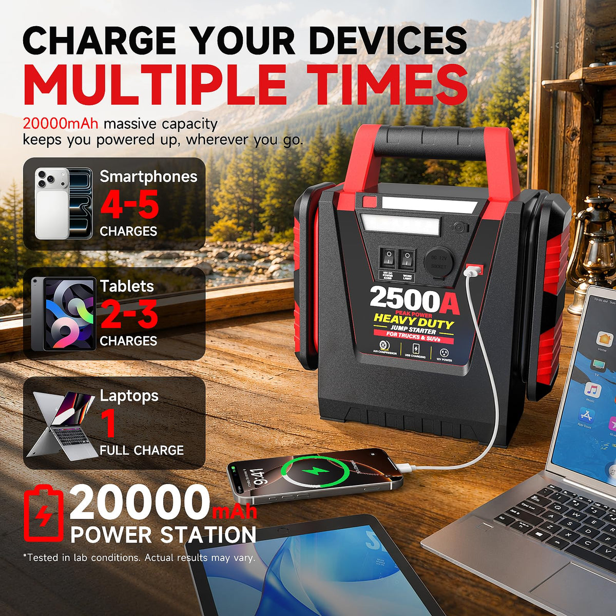 12V Portable Car Jump Starter with Air Compressor and Work Light B722