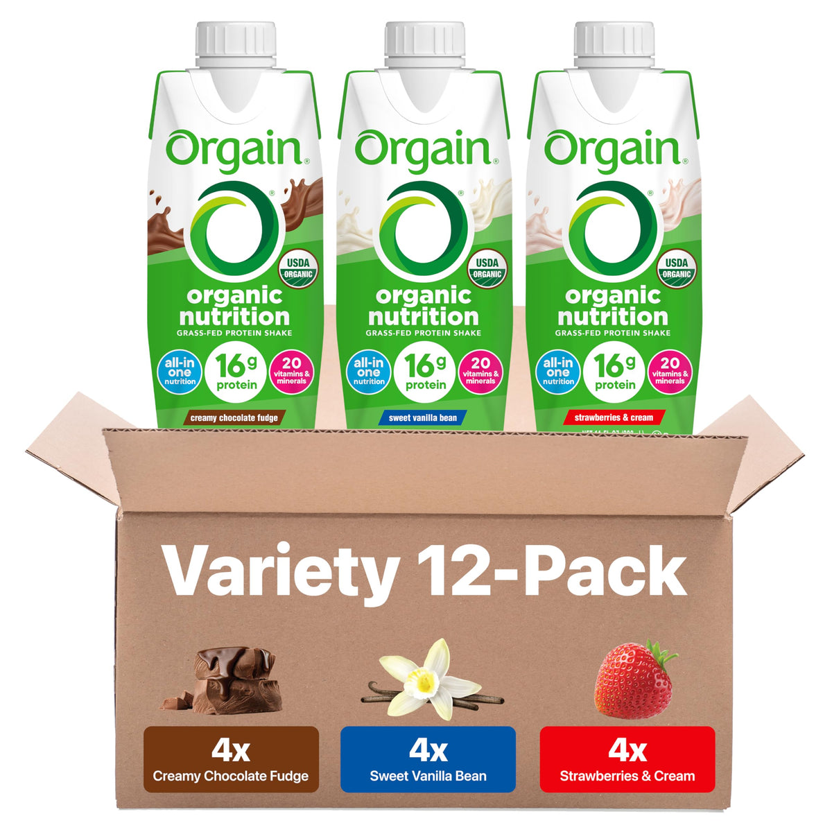 Organic Protein Shake, 16g Grass Fed Whey, 11 Fl Oz (12 Pack) Y477