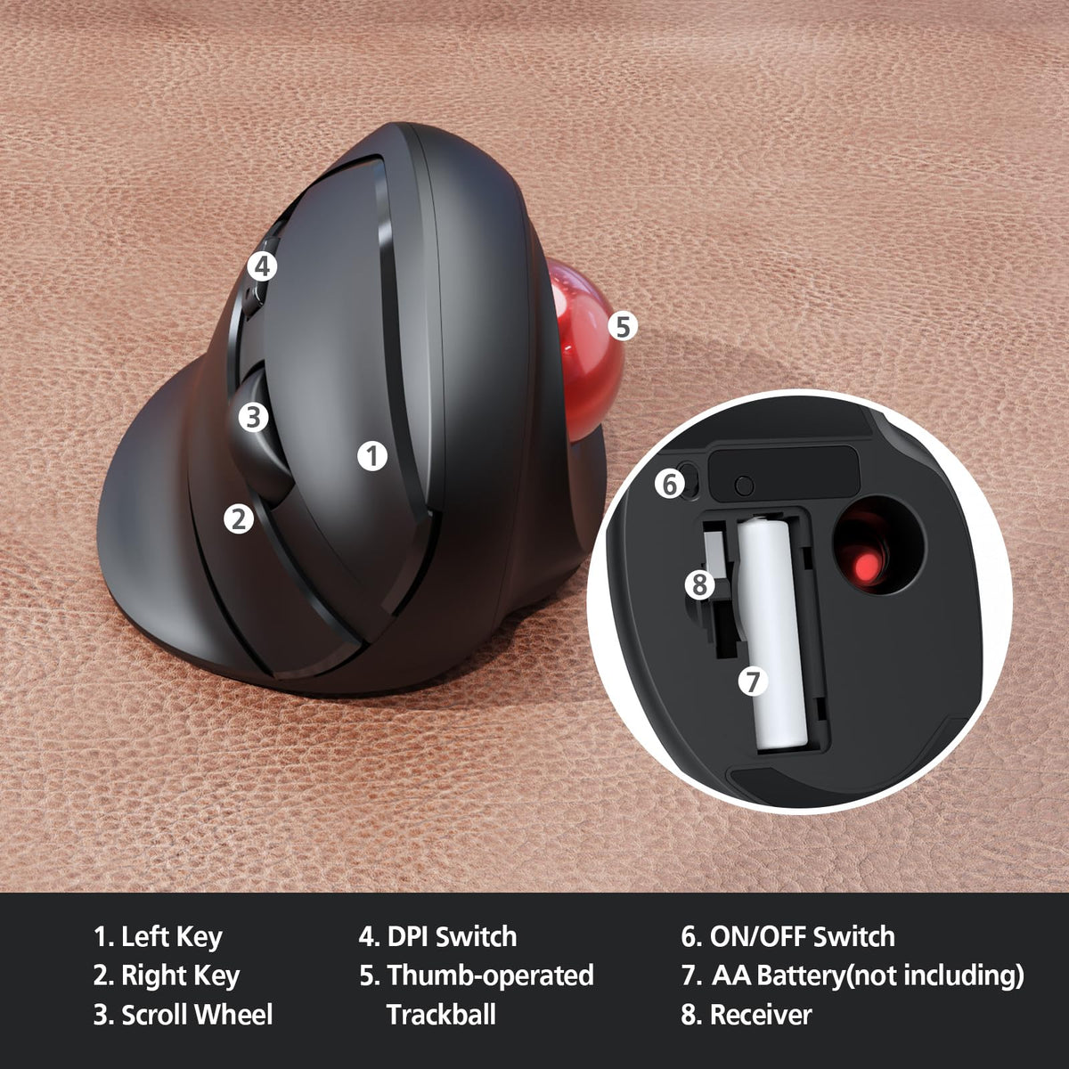 Wireless Ergonomic Trackball Mouse, 3 Adjustable DPI, Black M86535