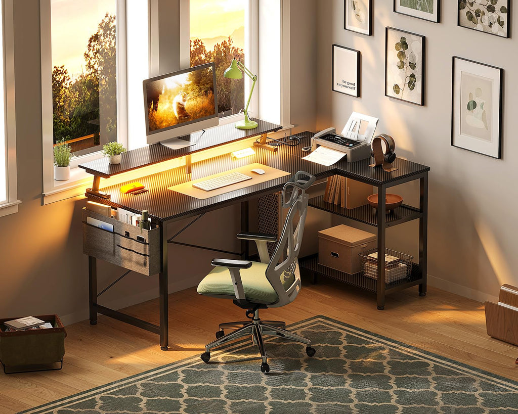 48 Inch L Shaped Gaming Desk with LED Lights and Power Outlets S7846