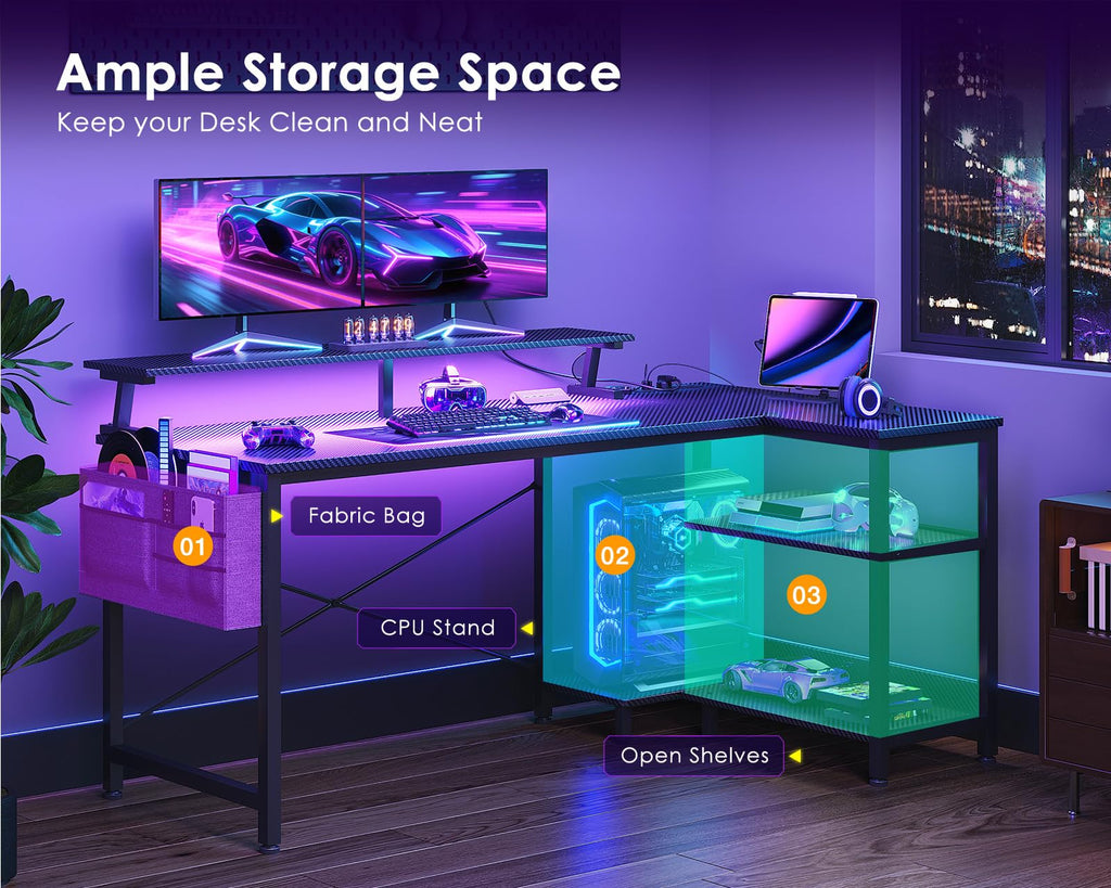 48 Inch L Shaped Gaming Desk with LED Lights and Power Outlets S7846