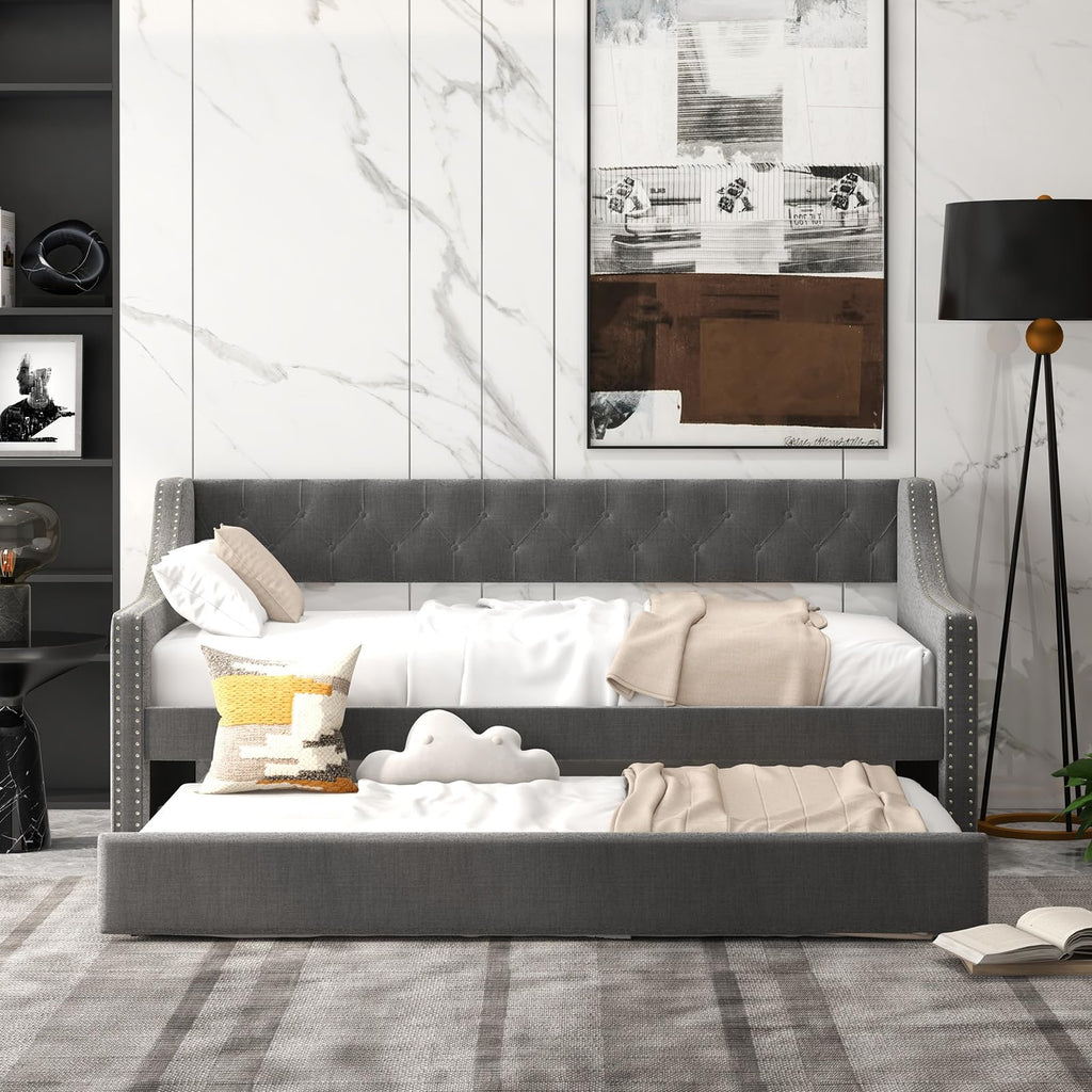 Grey Upholstered Twin Daybed with Trundle H46918