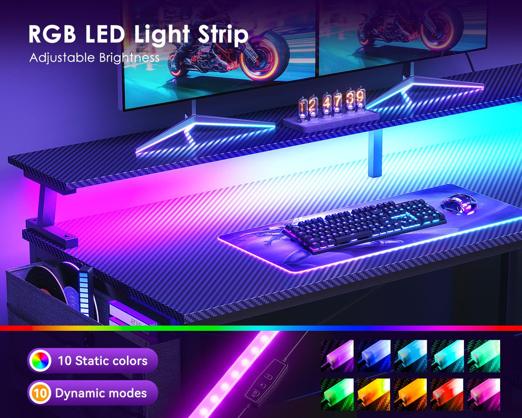 48 Inch L Shaped Gaming Desk with LED Lights and Power Outlets S7846