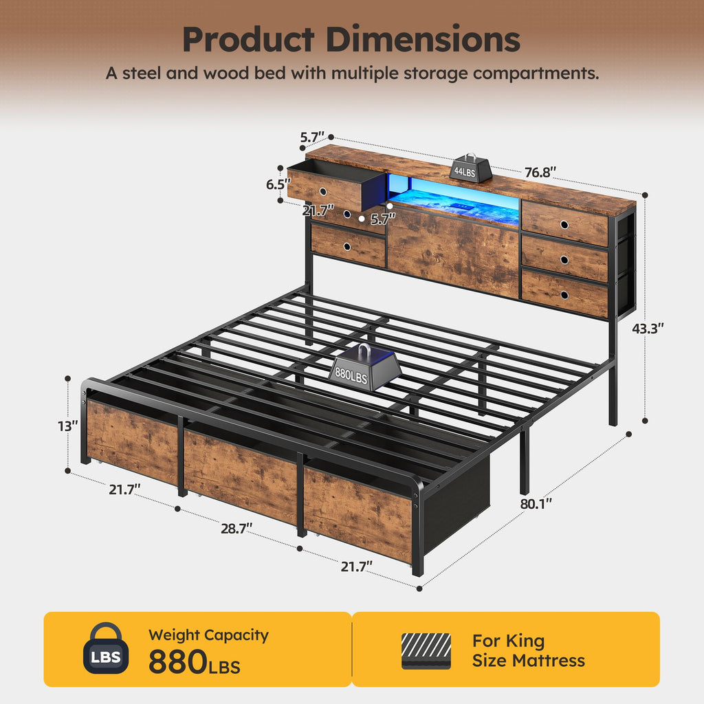 King Size Bed Frame with 9 Drawers and Charging Station O3737