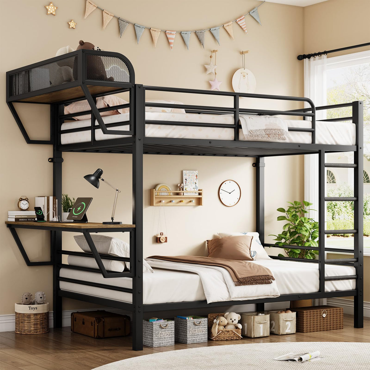 Twin Over Twin Metal Bunk Bed with Desk & Outlet L63598