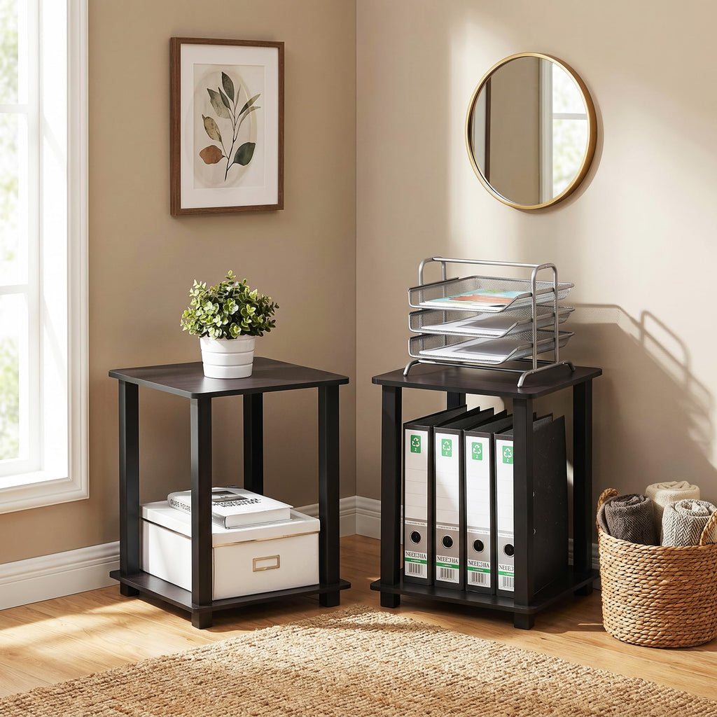 Set of 2 2-Tier Square Dark Walnut Bedside Table M691