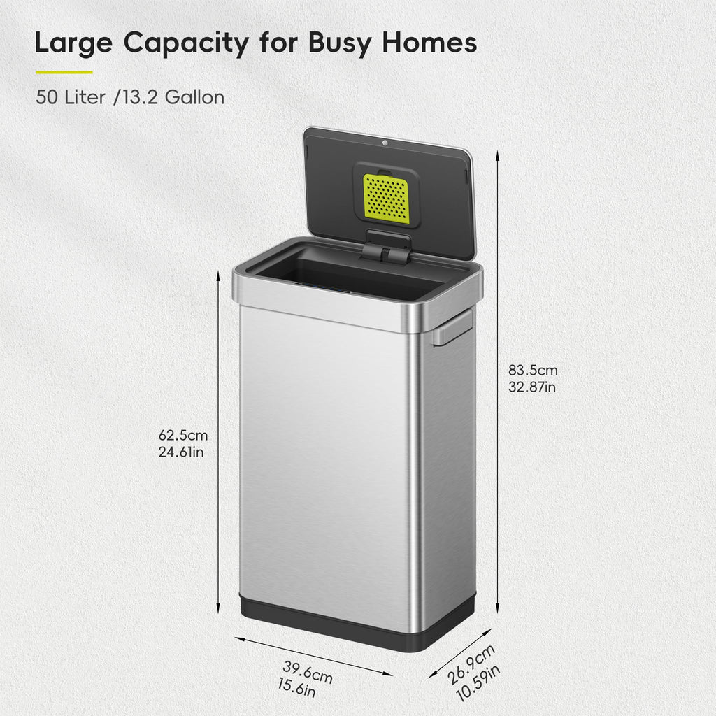 50 Liter Touchless Rectangular Motion Sensor Trash Can, Matte Stainless Steel W78581