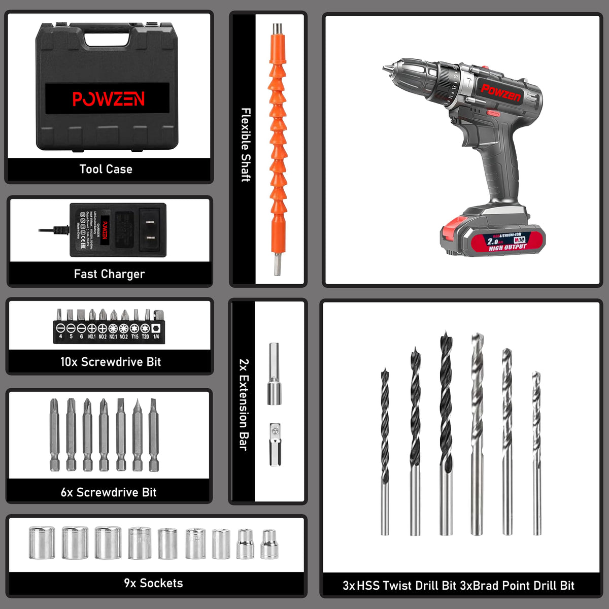 21V Brushless Cordless Power Drill with 2 Battery and Charger T682534