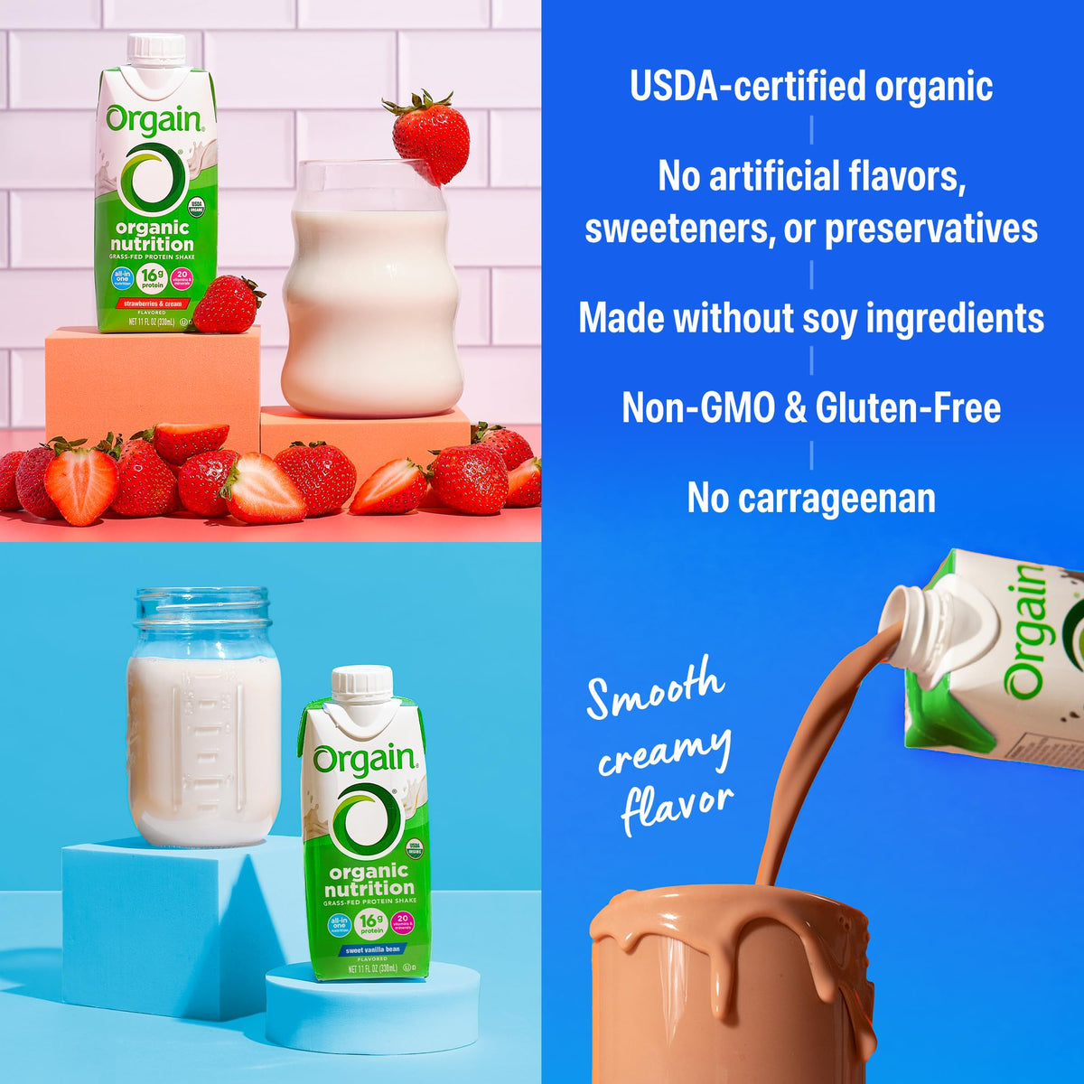 Organic Protein Shake, 16g Grass Fed Whey, 11 Fl Oz (12 Pack) Y477