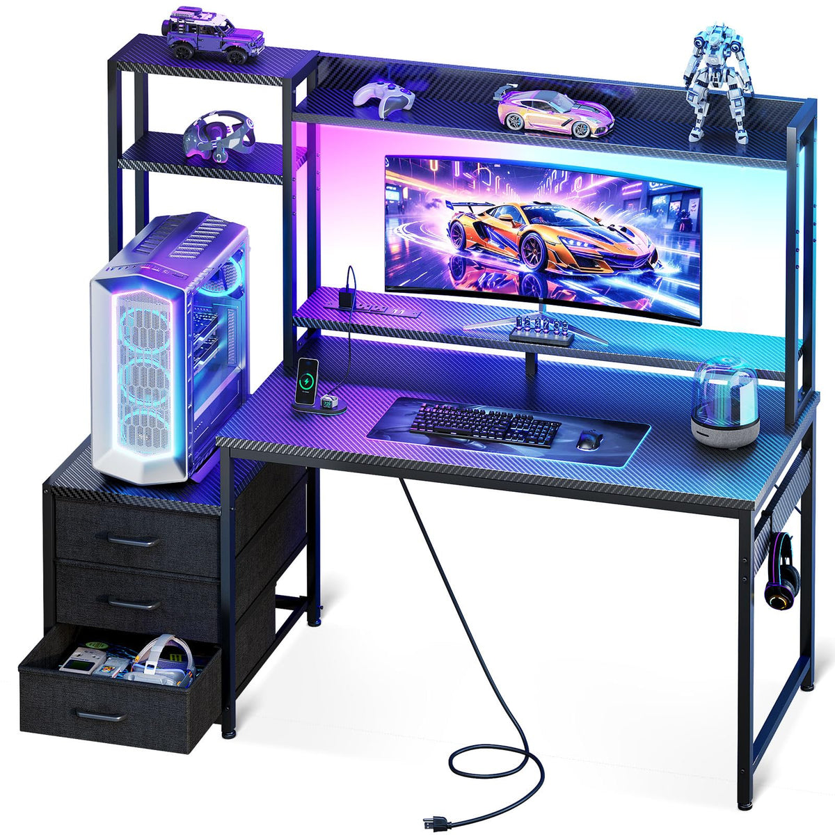 48 Inch Gaming Desk with Shelves and Drawers C28253