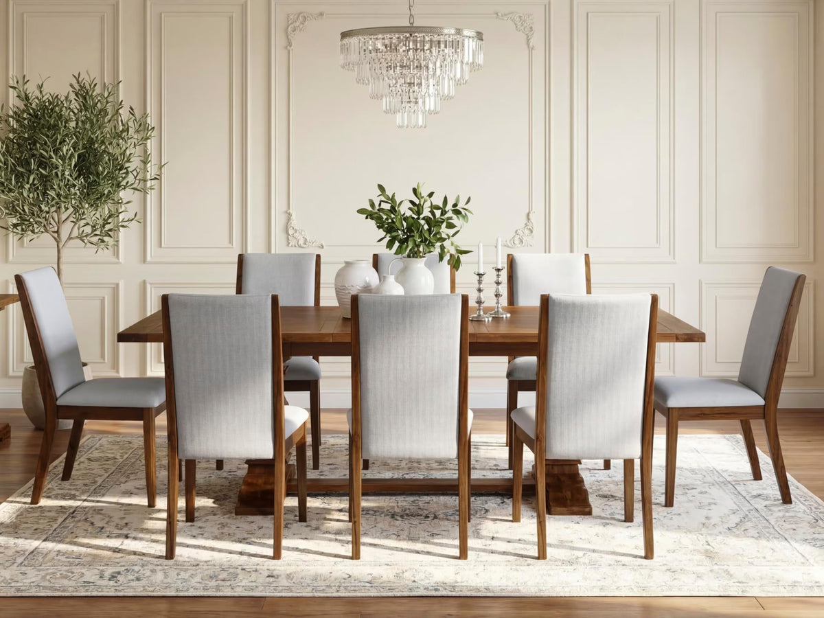9 Piece Walnut Dining Room Set with 8 Grey Linen Chairs G7511