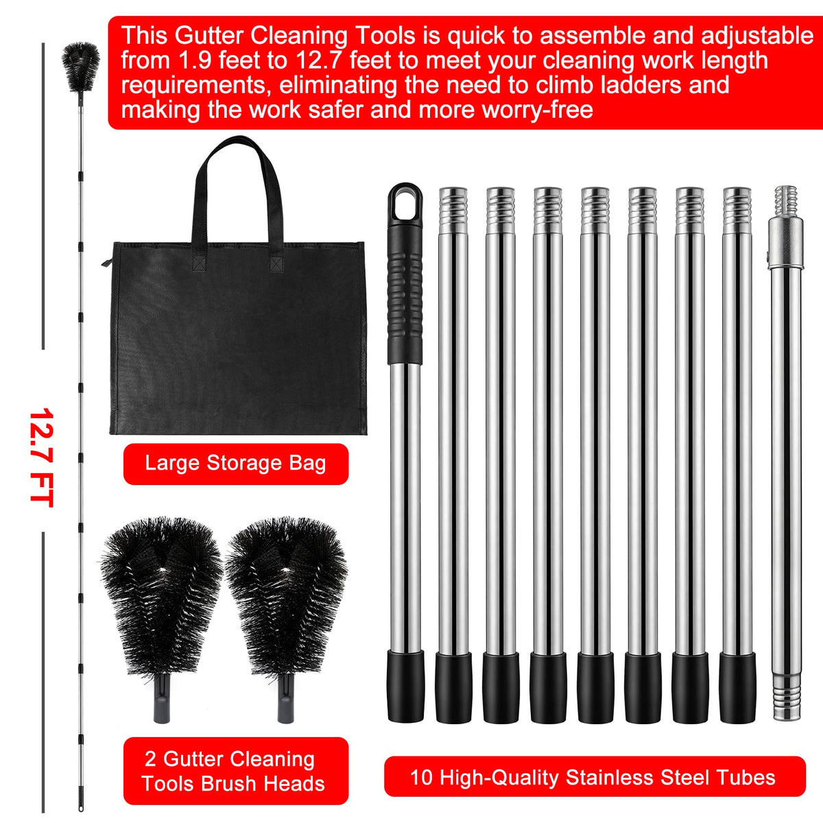12.7FT Long Adjustable Gutter Cleaner & Brush O229