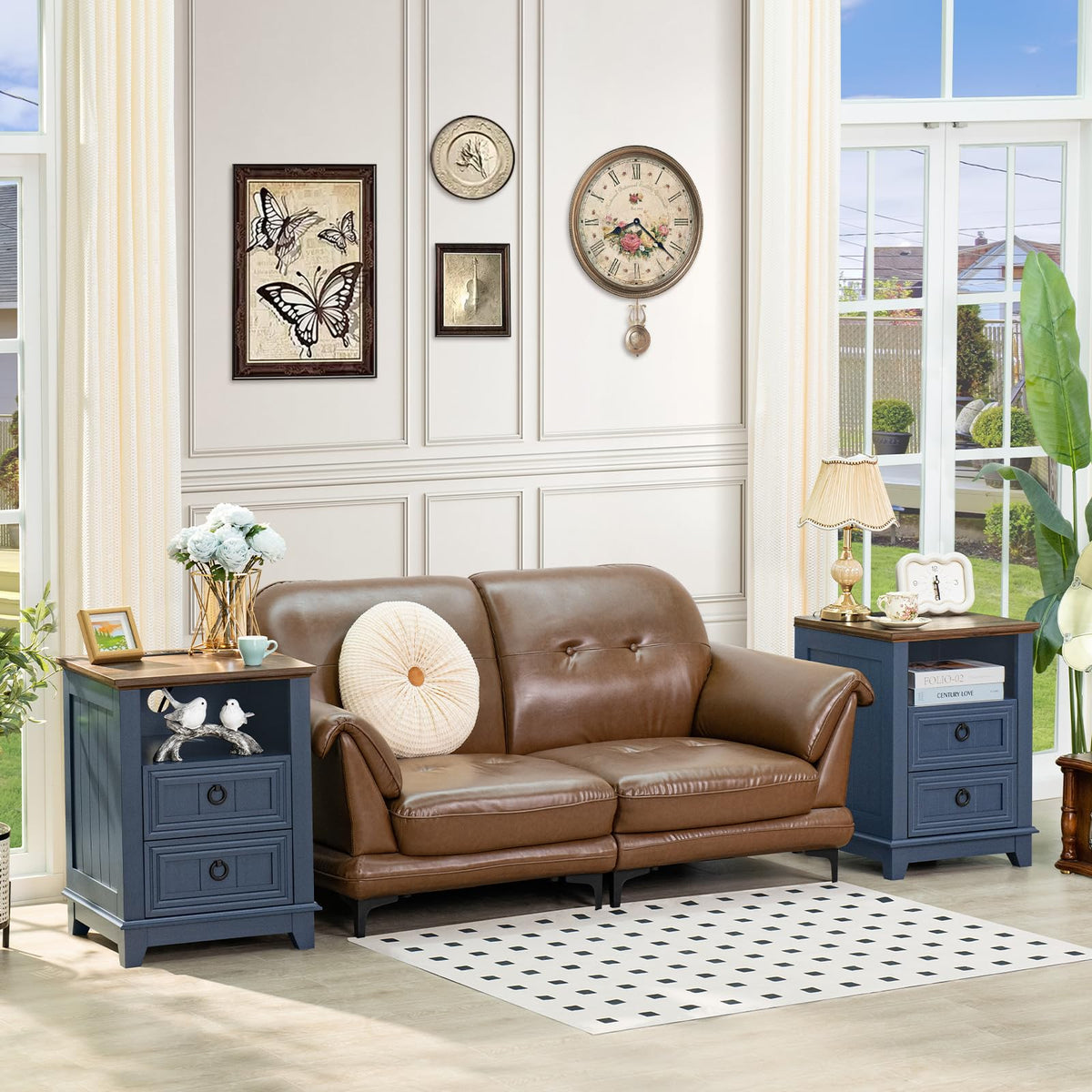 18" Blue Wooden Nightstand Set of 2 with Charging Station N438