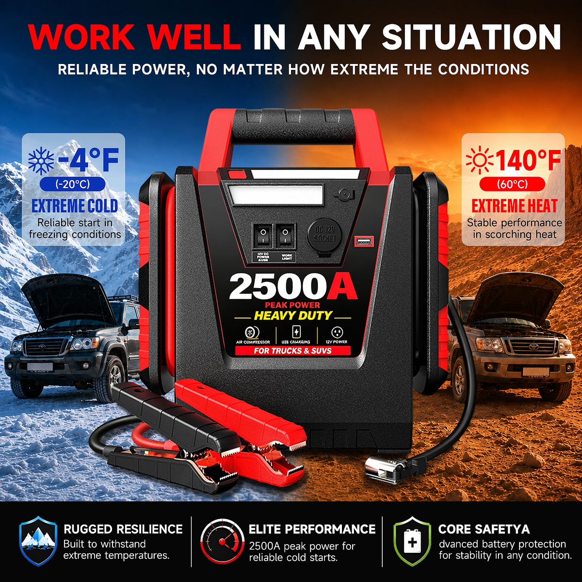 12V Portable Car Jump Starter with Air Compressor and Work Light B722