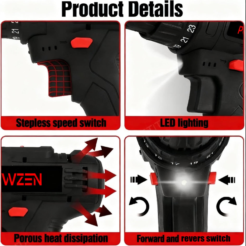 21V Brushless Cordless Power Drill with 2 Battery and Charger T682534