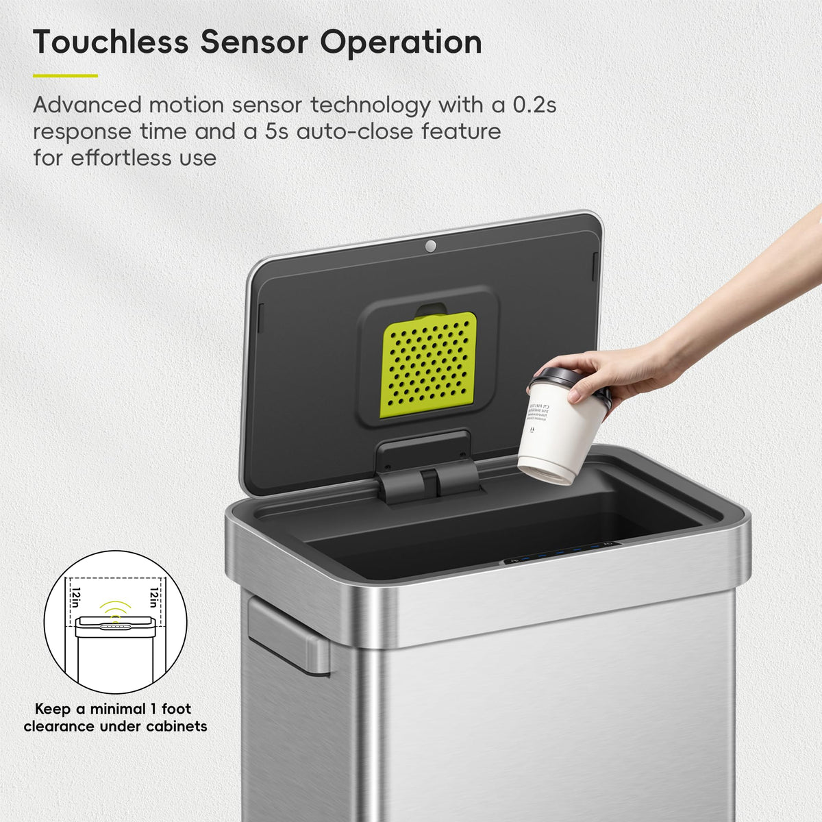 50 Liter Touchless Rectangular Motion Sensor Trash Can, Matte Stainless Steel W78581