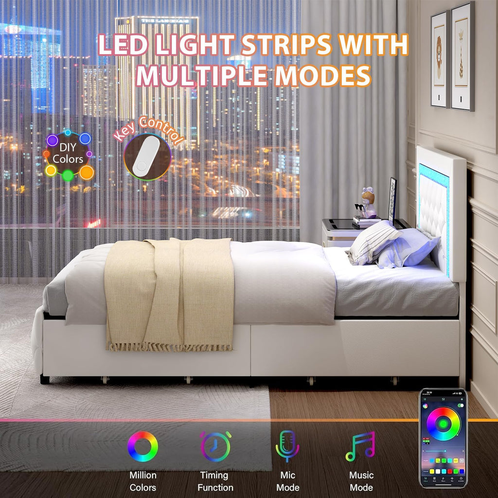 White Twin Bed Frame with Storage Drawers and LED Lights Q62733