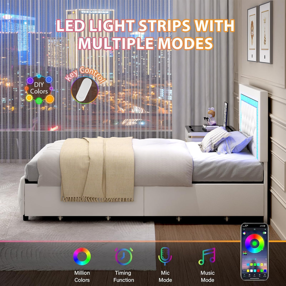 White Twin Bed Frame with Storage Drawers and LED Lights Q62733