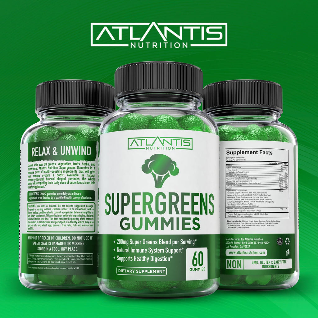 Supergreens Gummies Supplement with Spinach, Broccoli, Moringa, Beet Root, Celery, Green Tea, & Acai, Natural Raspberry Flavor, 60 cnt A821164