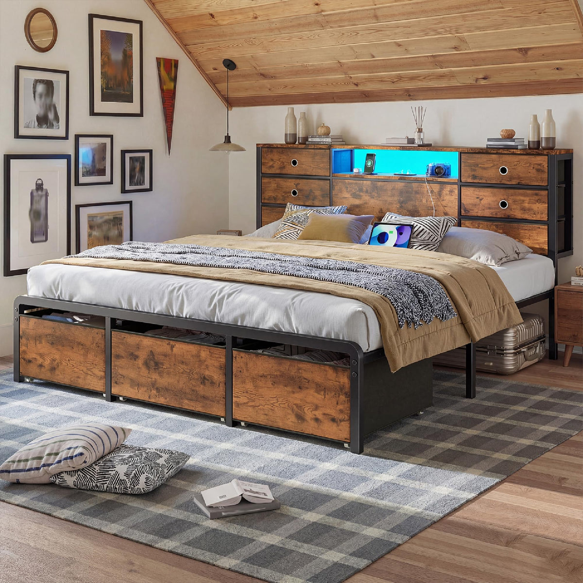 King Size Bed Frame with 9 Drawers and Charging Station O3737