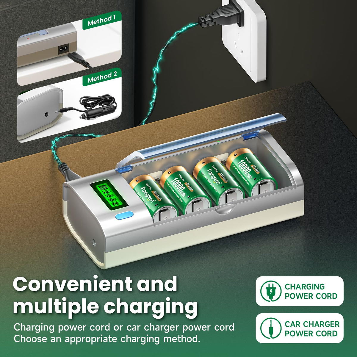 10000mAh Rechargeable D Batteries 6 Counts and Universal Battery Charger T634276