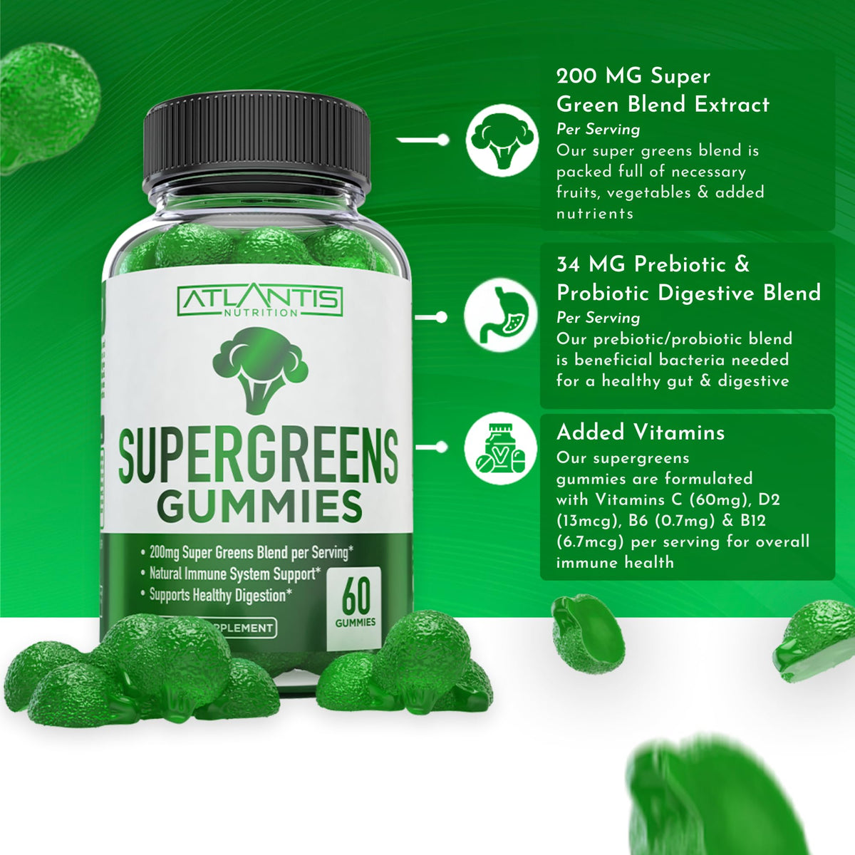 Supergreens Gummies Supplement with Spinach, Broccoli, Moringa, Beet Root, Celery, Green Tea, & Acai, Natural Raspberry Flavor, 60 cnt A821164