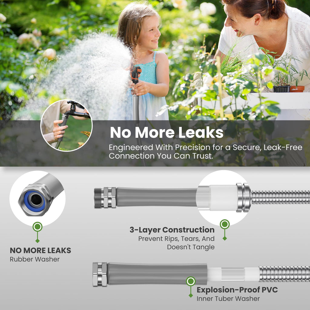 100ft Stainless Steel Garden Hose with Spray Nozzle D426