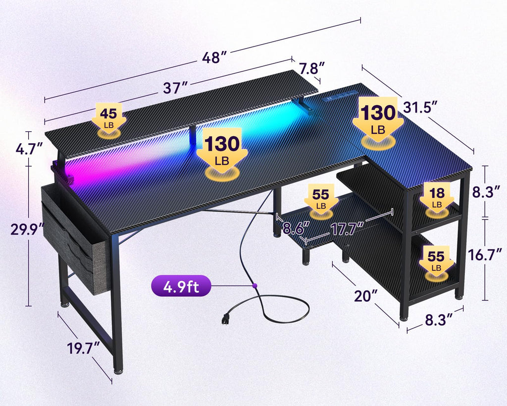 48 Inch L Shaped Gaming Desk with LED Lights and Power Outlets S7846