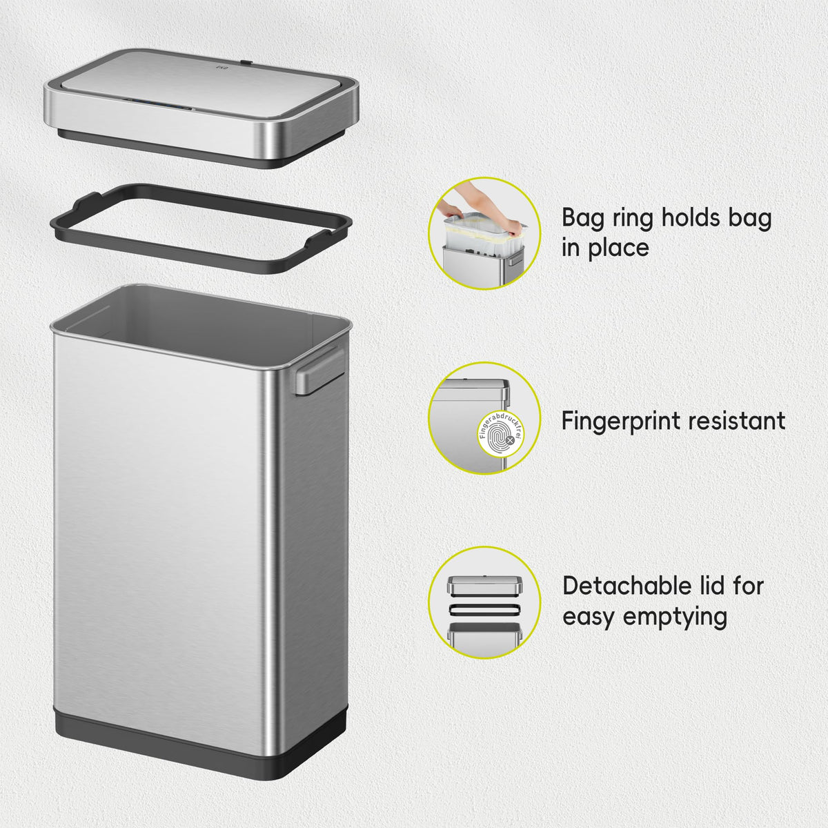 50 Liter Touchless Rectangular Motion Sensor Trash Can, Matte Stainless Steel W78581