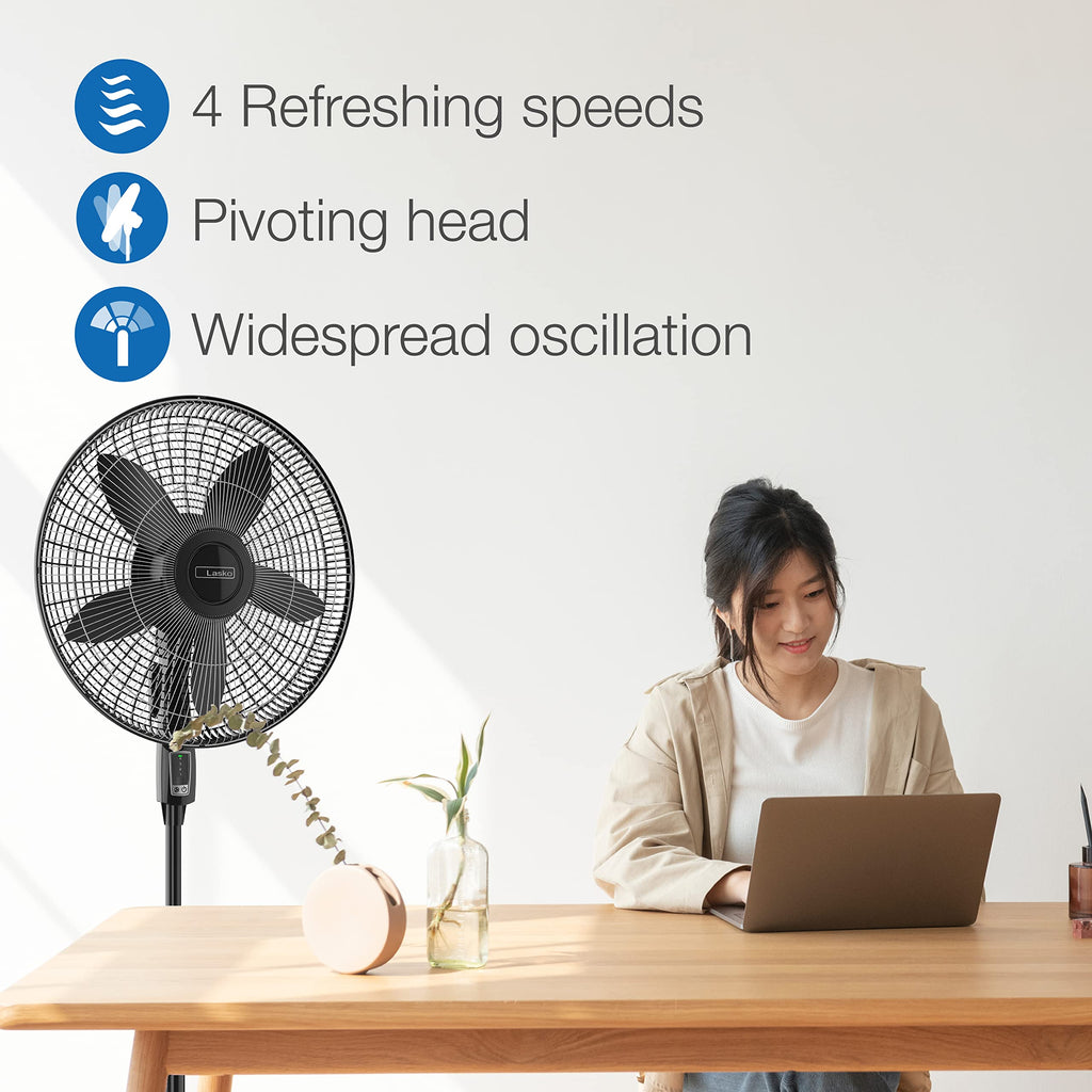 Oscillating Pedestal Fan, Adjustable Height, Remote Control, 4 Speeds, 18", Black M43395