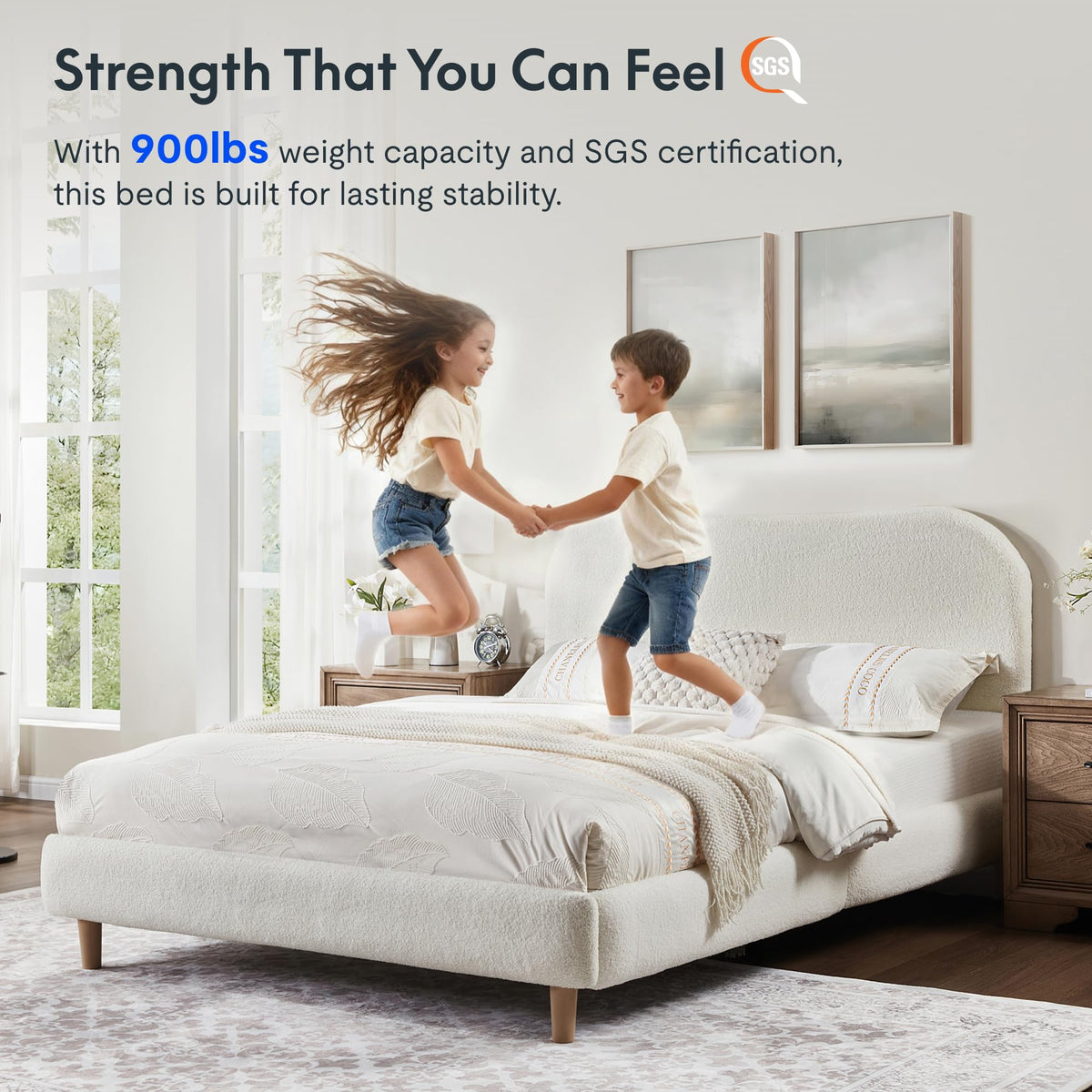 Queen Size White Boucle Bed Frame Q454281