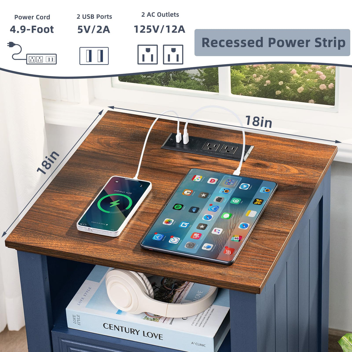 18" Blue Wooden Nightstand Set of 2 with Charging Station N438