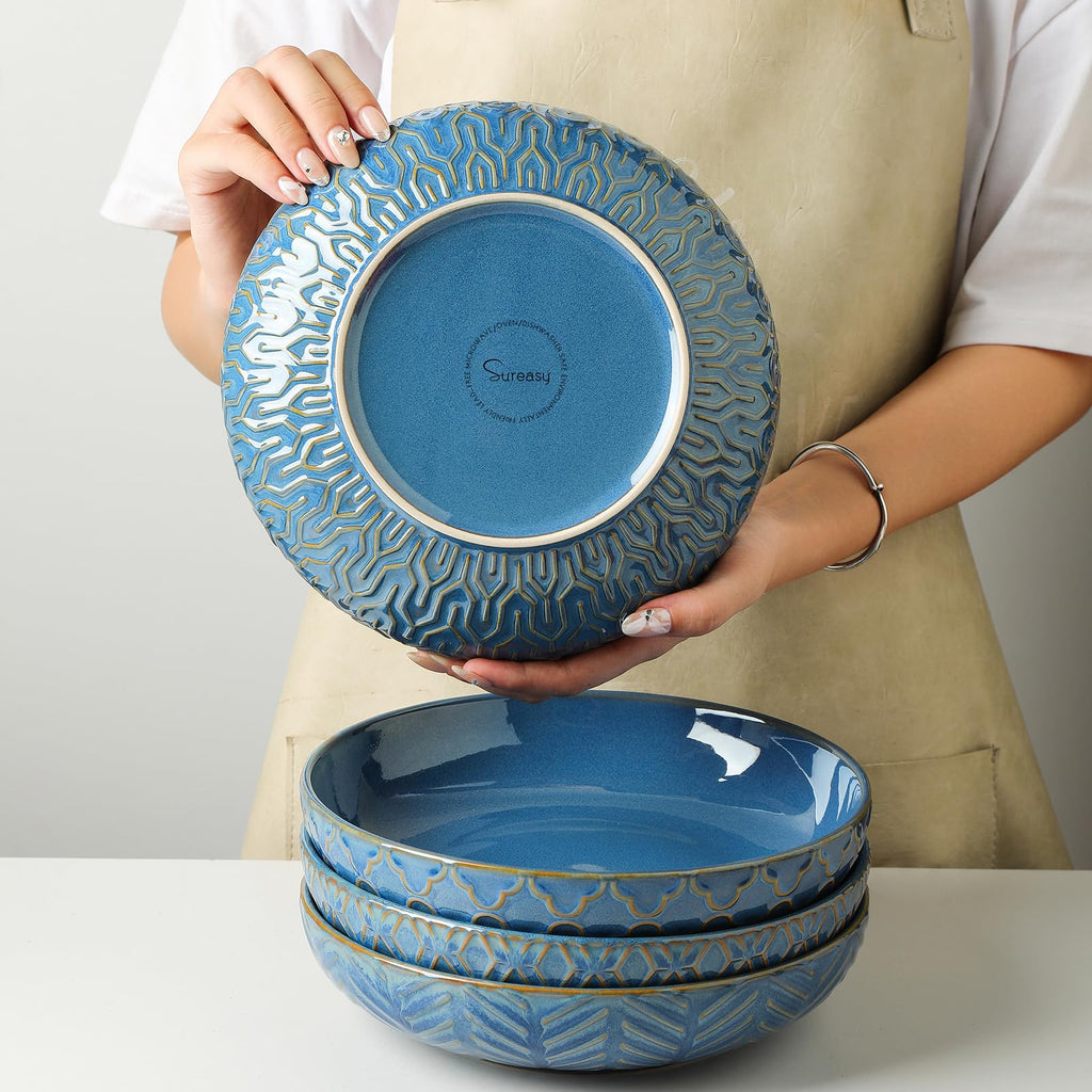 Blue 30oz Embossed Pasta Bowls Set of 4 C23945