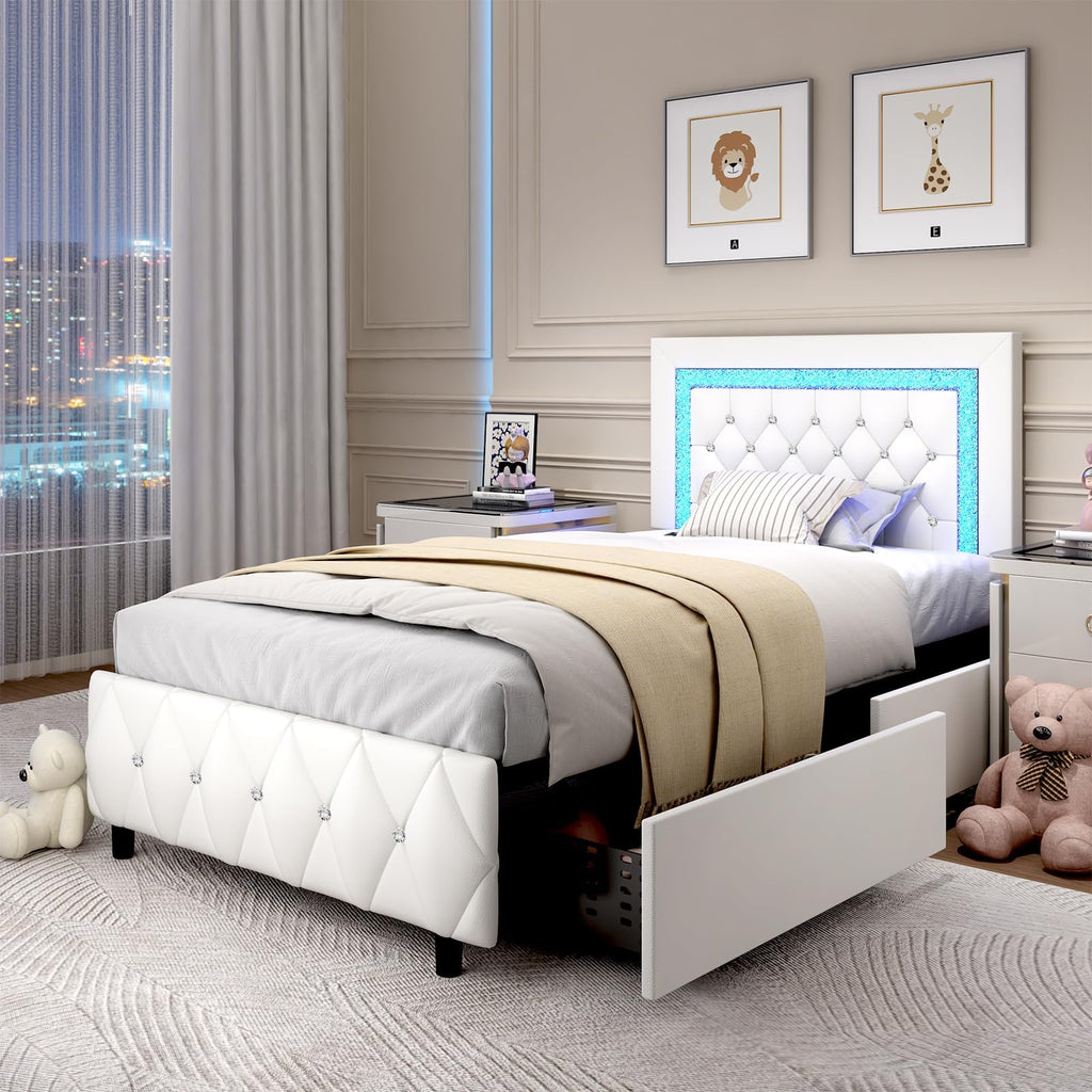 White Twin Bed Frame with Storage Drawers and LED Lights Q62733