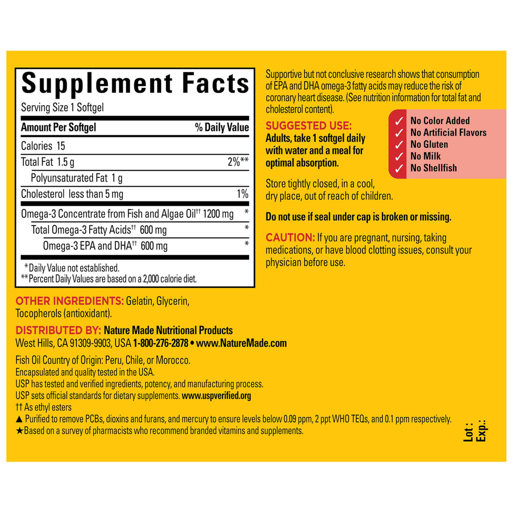 Omega 3 Fish Oil and Algae Oil Supplements 1200mg 60 Softgels K63017