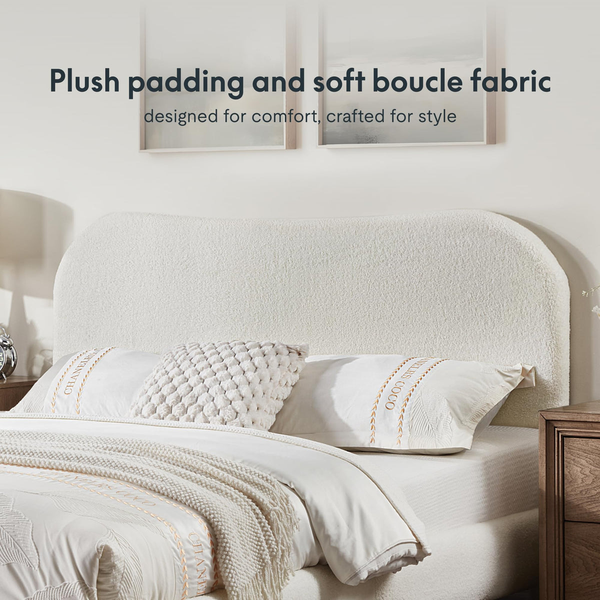 Queen Size White Boucle Bed Frame Q454281