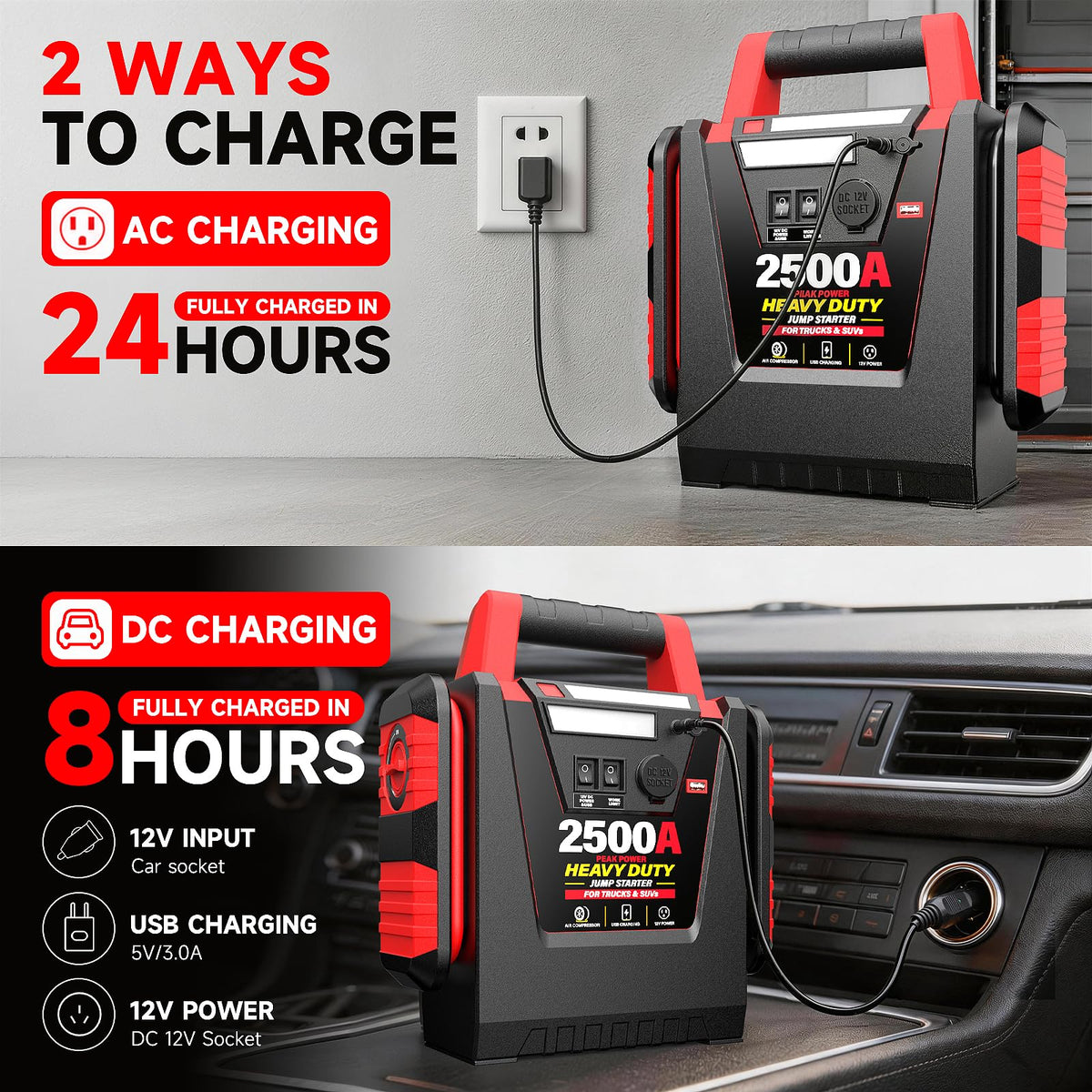 12V Portable Car Jump Starter with Air Compressor and Work Light B722