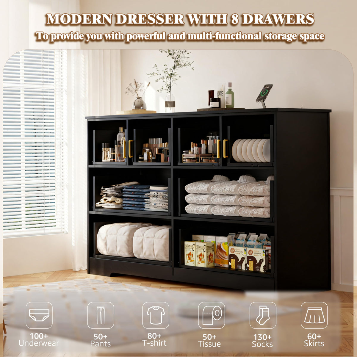 Black 8 Drawer Wood Dresser with Metal Handle K62868