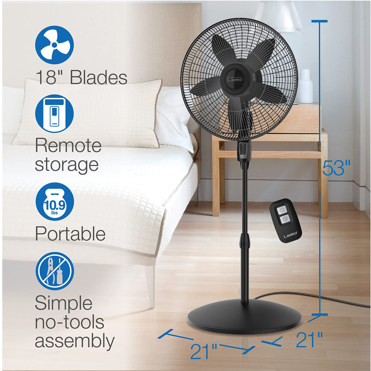 Oscillating Pedestal Fan, Adjustable Height, Remote Control, 4 Speeds, 18", Black M43395