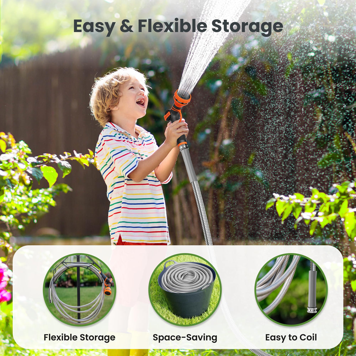 100ft Stainless Steel Garden Hose with Spray Nozzle D426