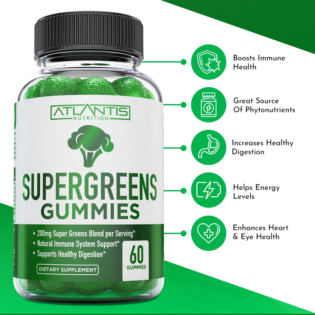 Supergreens Gummies Supplement with Spinach, Broccoli, Moringa, Beet Root, Celery, Green Tea, & Acai, Natural Raspberry Flavor, 60 cnt A821164