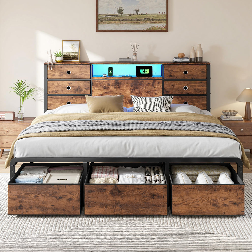 King Size Bed Frame with 9 Drawers and Charging Station O3737