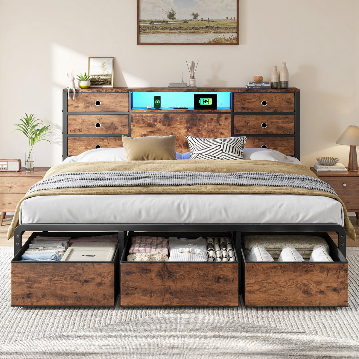 King Size Bed Frame with 9 Drawers and Charging Station O3737