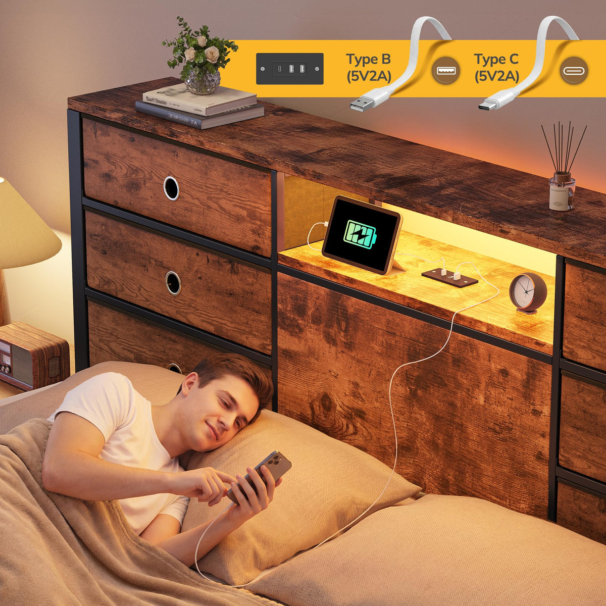 King Size Bed Frame with 9 Drawers and Charging Station O3737