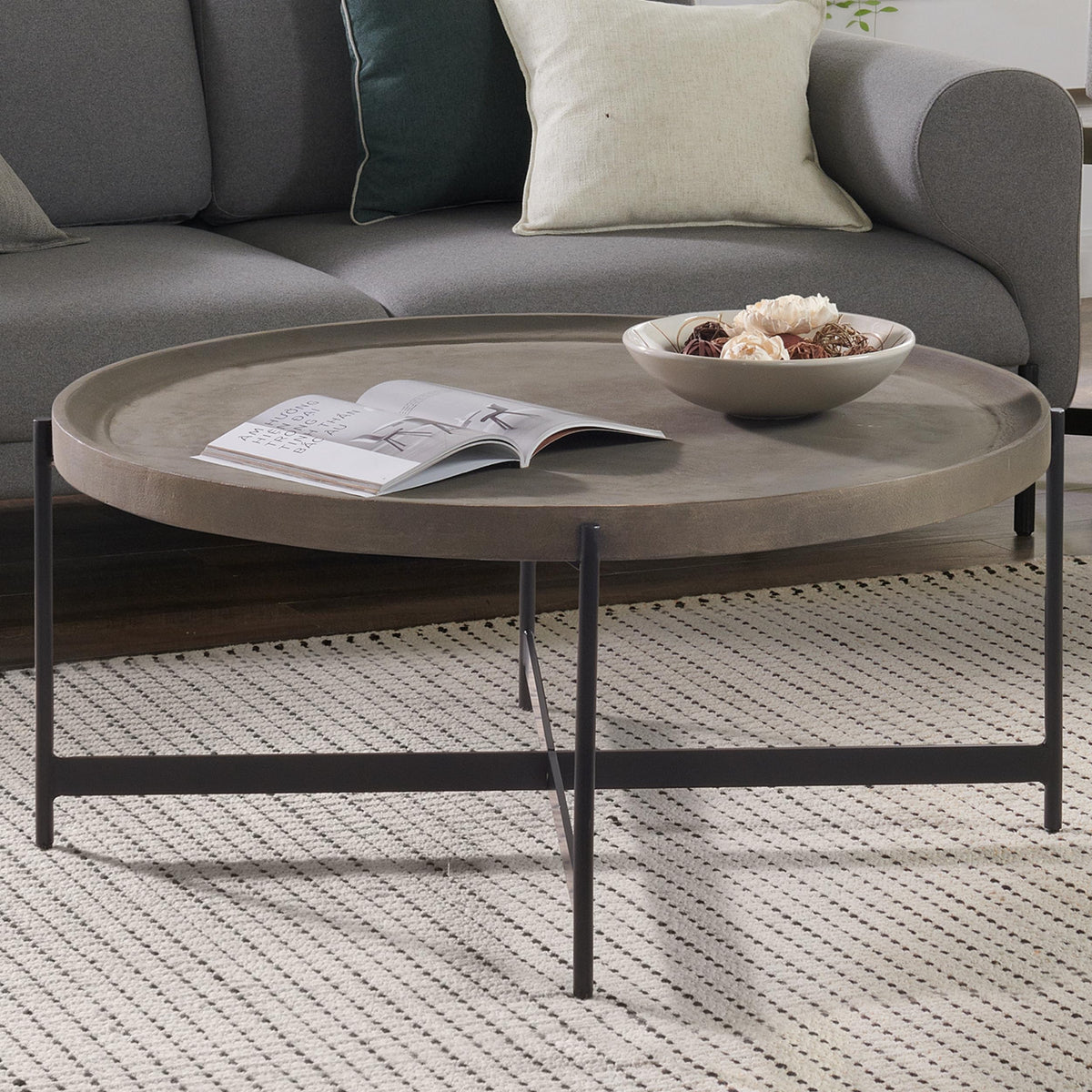42-Inch Round Concrete-Coated Wood Coffee Table with Tray Top Q664254