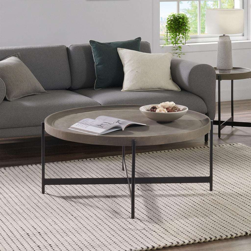 42-Inch Round Concrete-Coated Wood Coffee Table with Tray Top Q664254