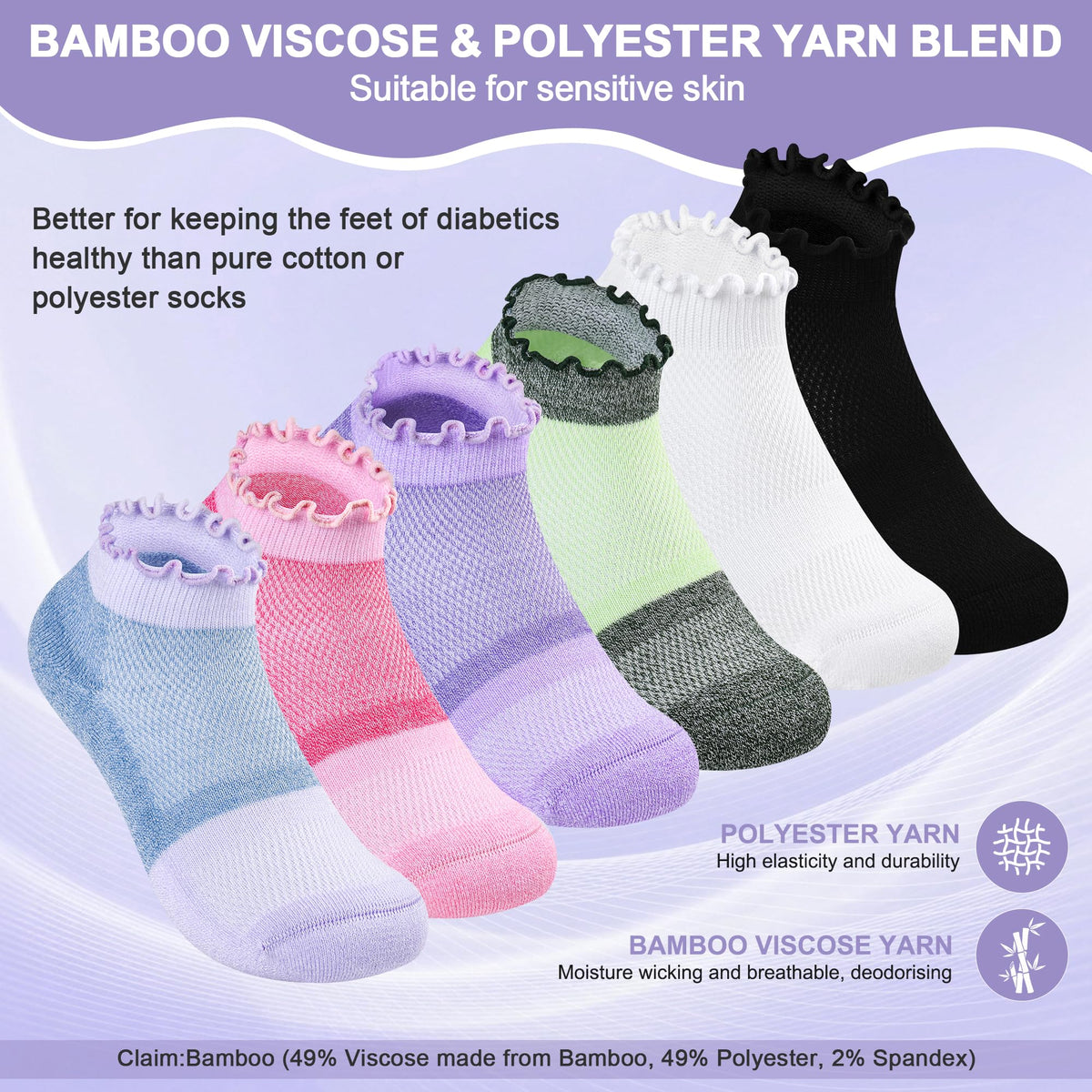 Diabetic Ankle Socks 6 Pairs Low Cut Non Binding F336