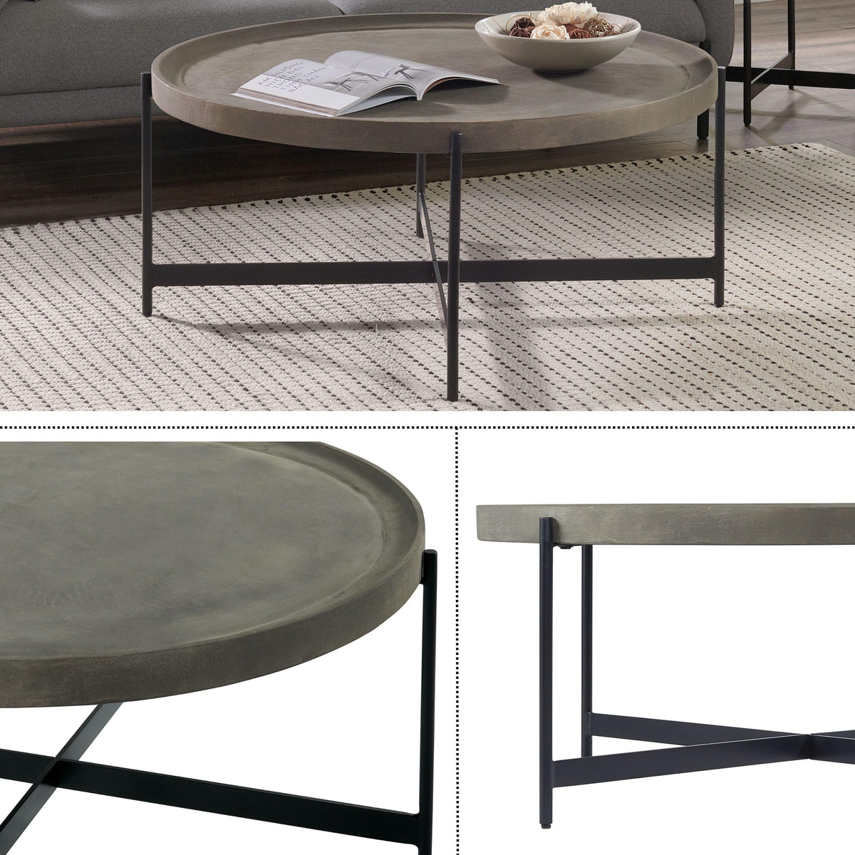 42-Inch Round Concrete-Coated Wood Coffee Table with Tray Top Q664254